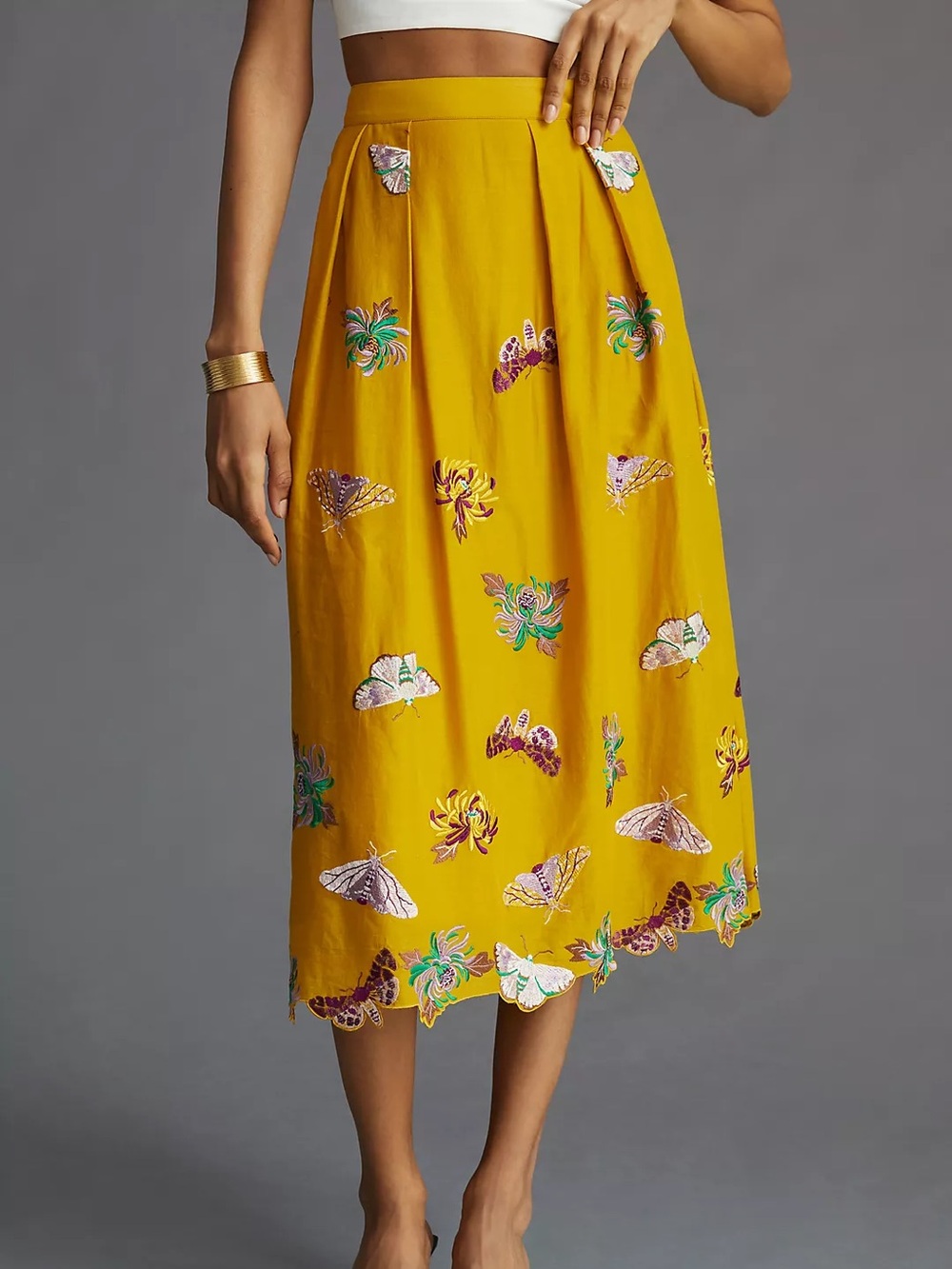 Anthropologie Mustard Yellow Embroidered Moth & Floral Midi Skirt